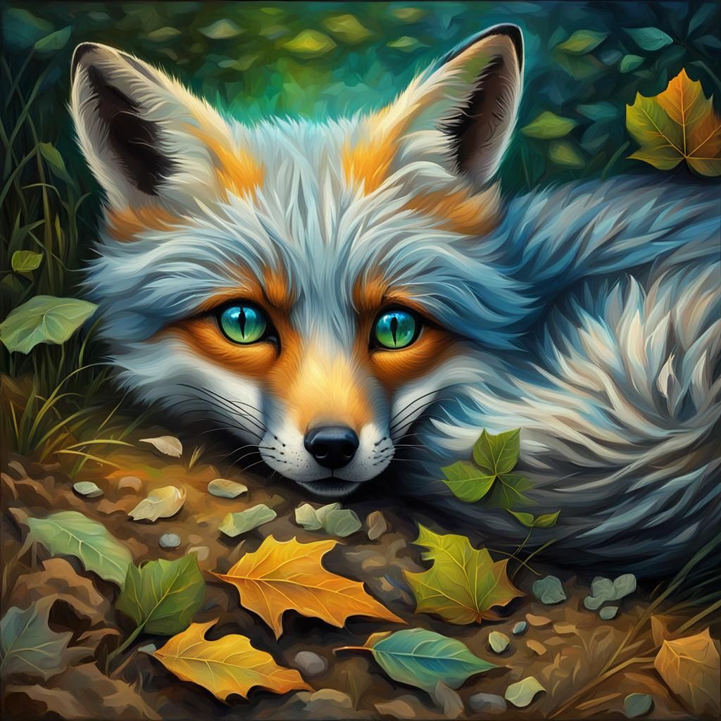 Adorable Grey Fox with Blue Eyes in Oil Painting