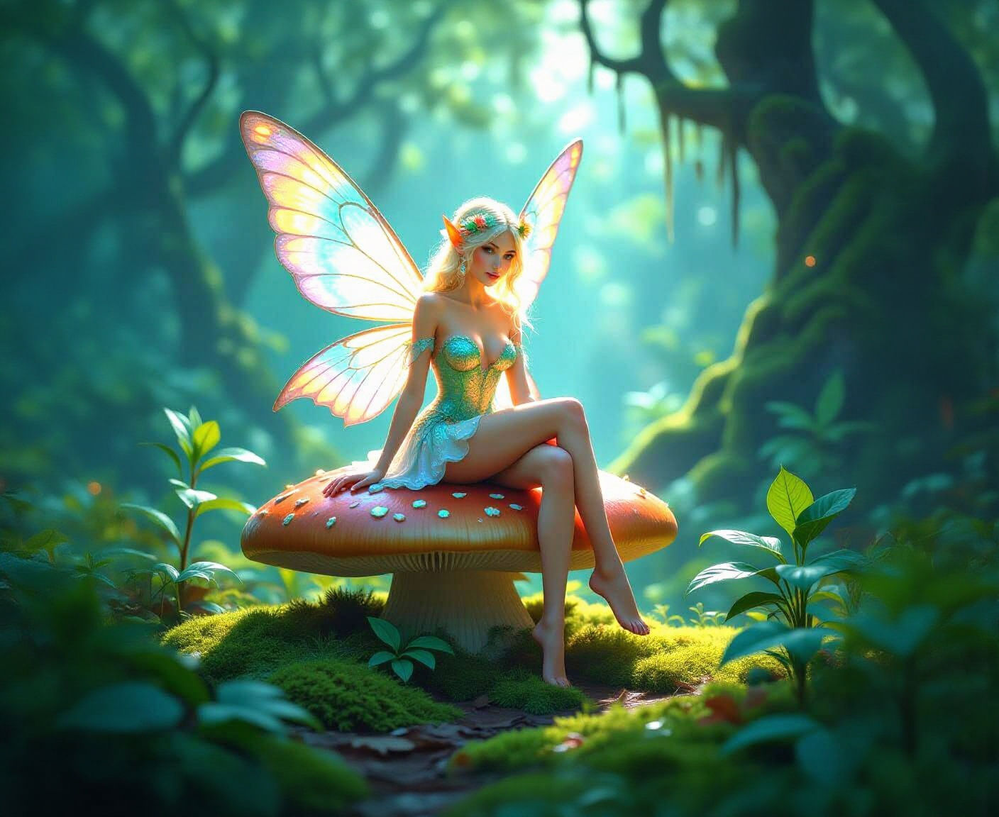 Bioluminescent Fairy in Enchanted Forest, Art Nouveau