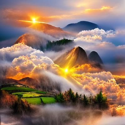 Misty Mountain Sunset in Dreamy Soft Focus