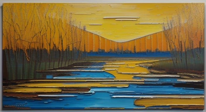 Abstract Riverscape in Mondrian Style with Impasto Textures