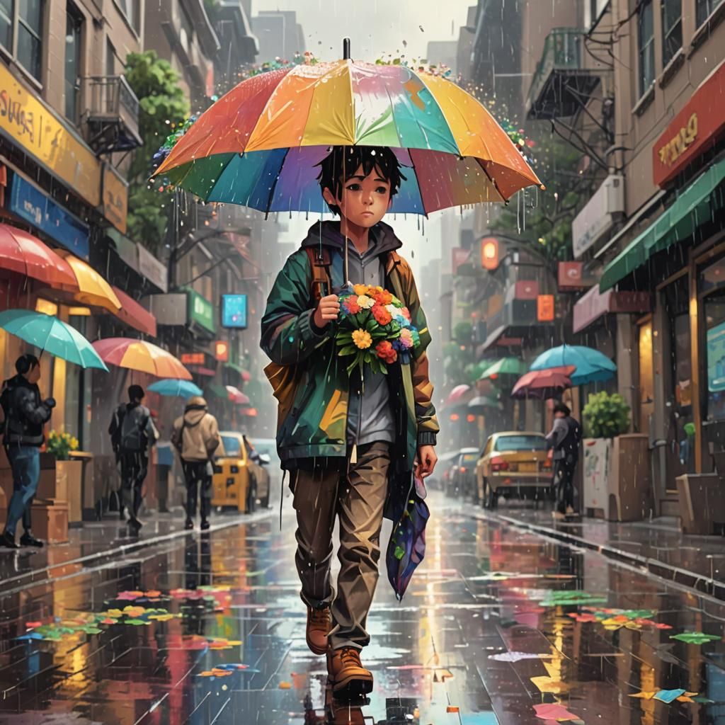 Boy with Umbrella in Rainy Pixel Art