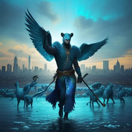 Blue Leopard Shaman in Great Flood, Digital Art