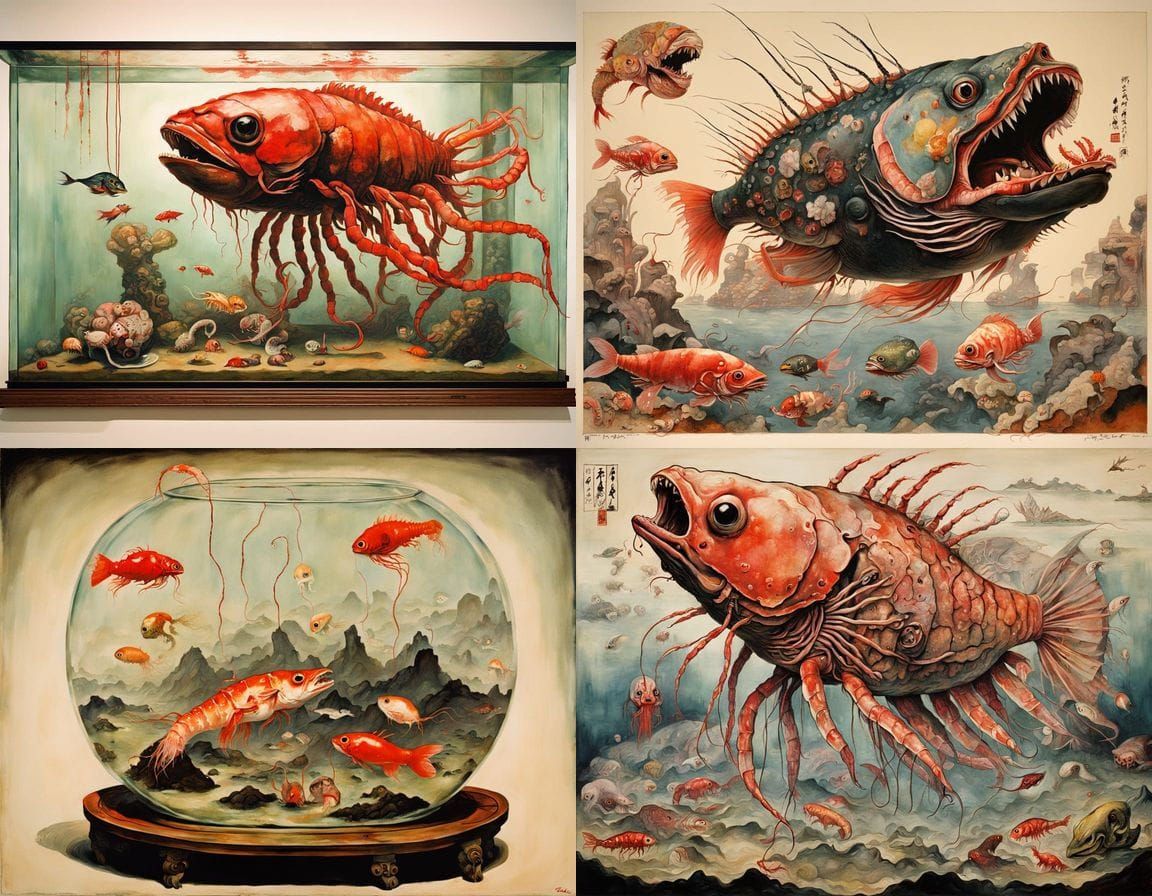 Surreal Japanese Fish Tank Horror Scene in a Grotesque Cyber...