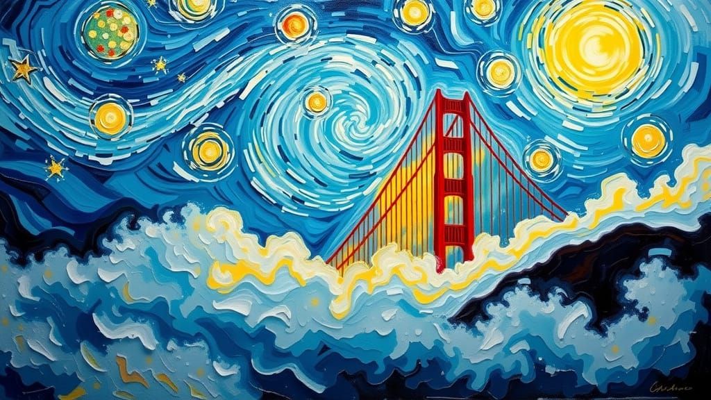 Impressive San Francisco Bay Bridge in Vibrant Impasto Oil P...