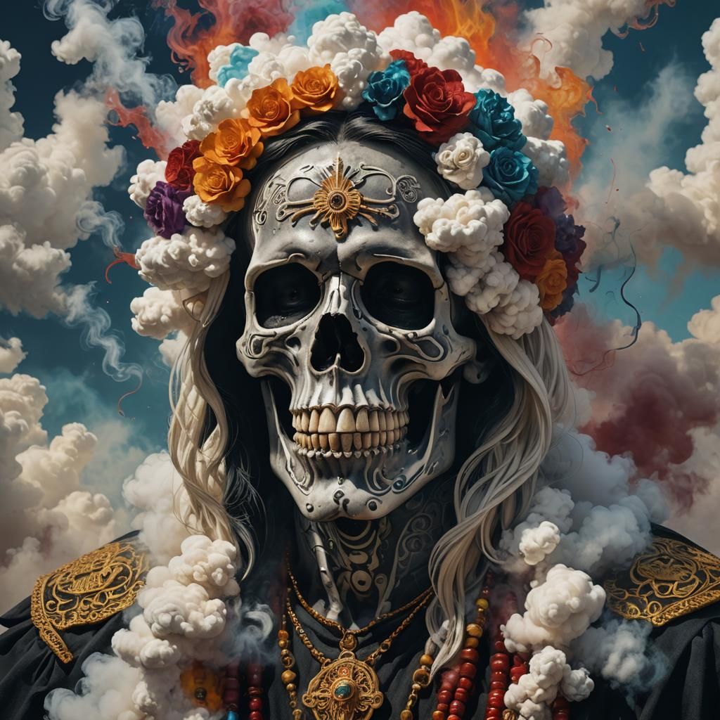 Santa Muerte Figure Creates Smoke Cloud