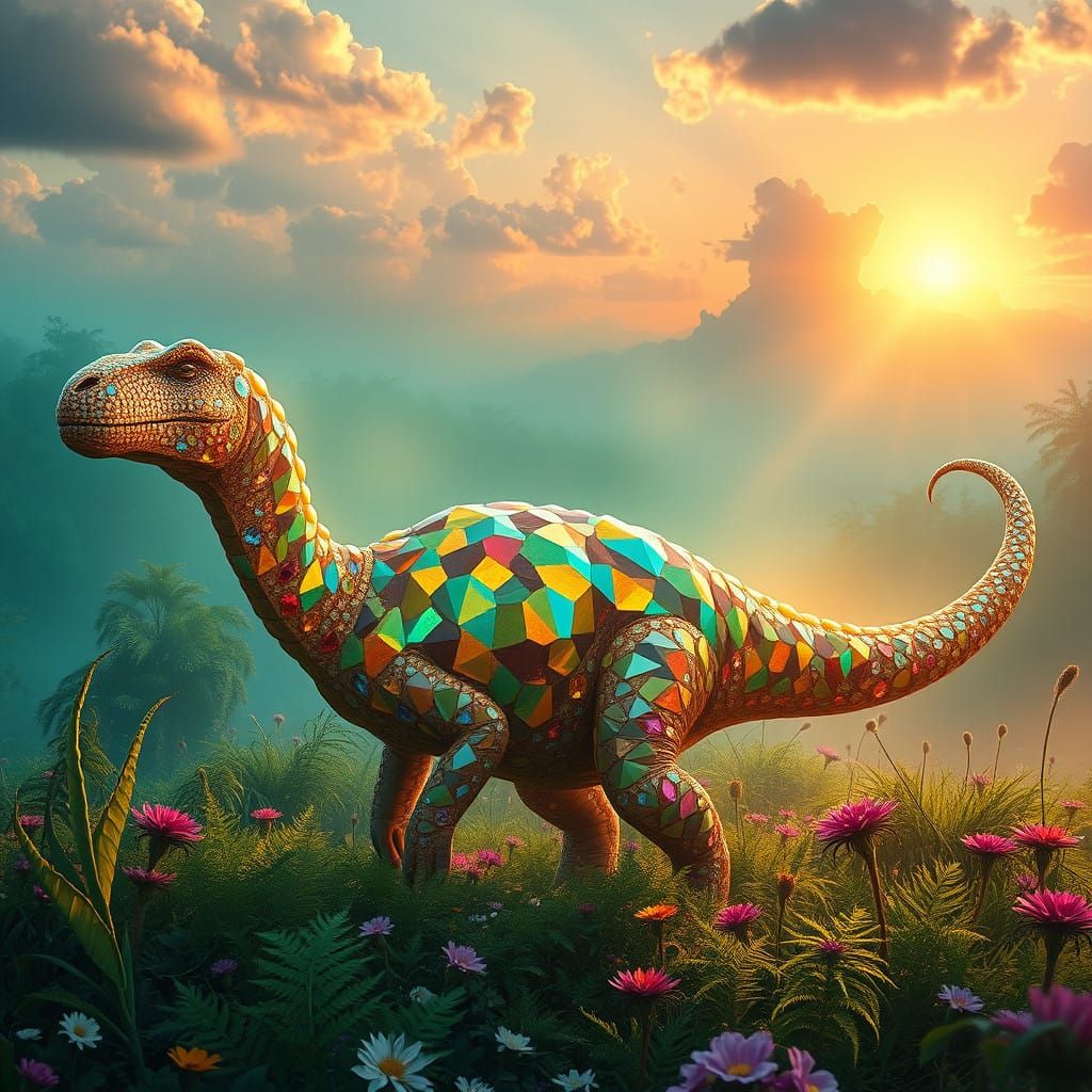 Gemstone Dinosaur Amidst Emerald Mist, in Vibrant Fantasy La...