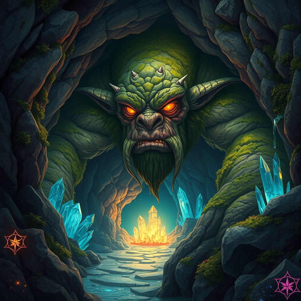Moss Troll Guarding Crystal Cave in Cosmic Illustration