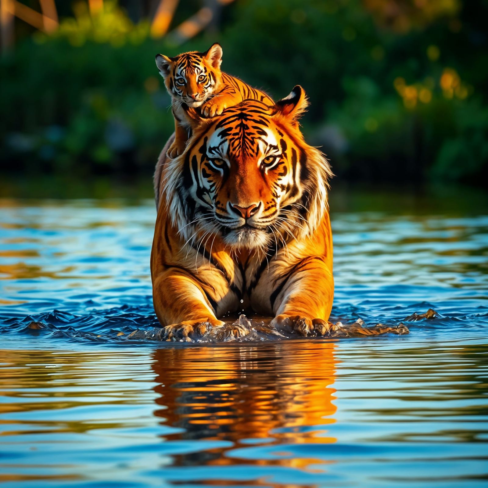Tiger Family Crossing a Savannah River at Sunset