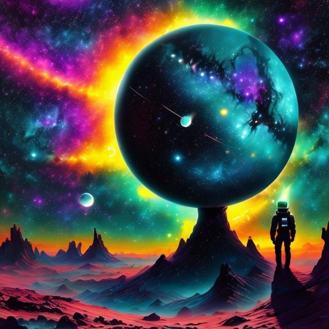 Astronaut on Alien Planet Gazing at Nebula