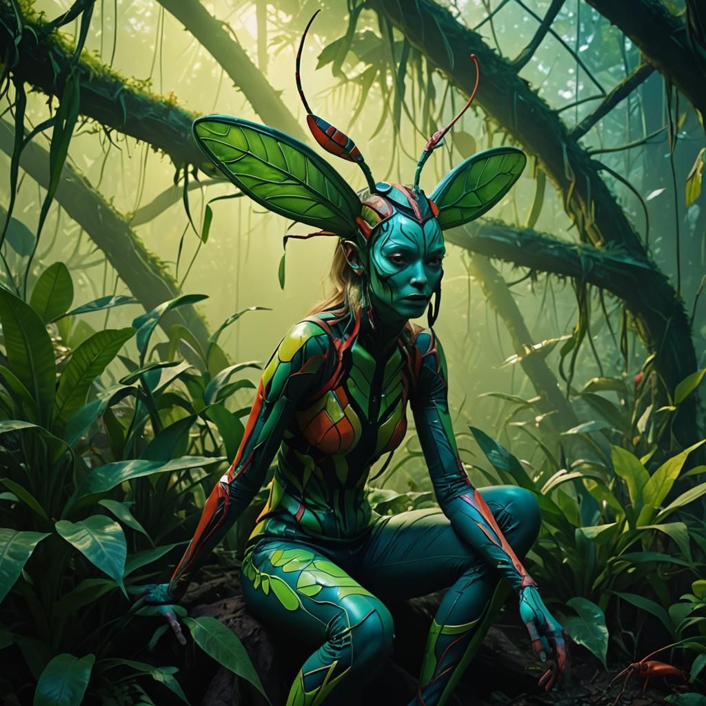 Praying Mantis Woman in Surreal Jungle