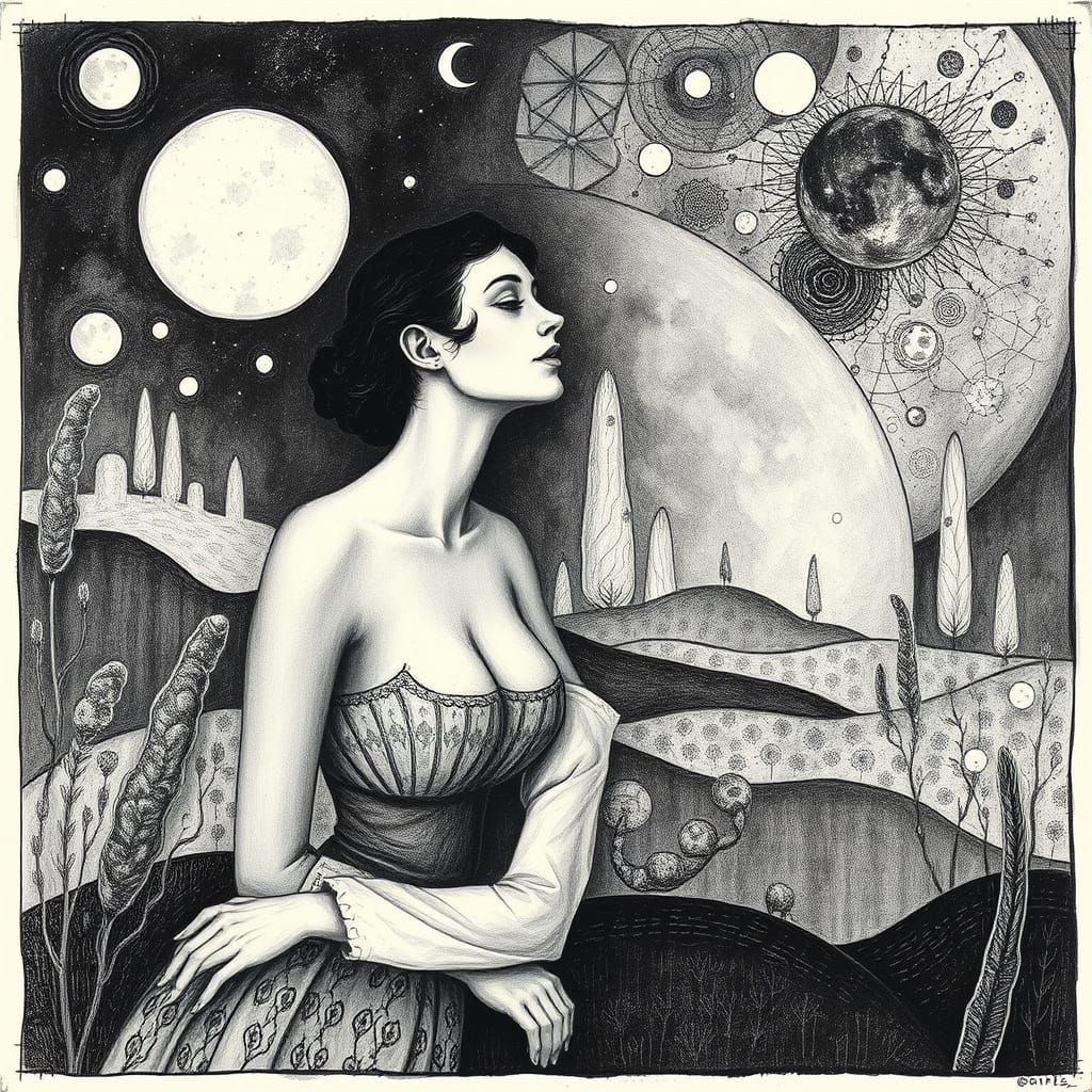 Celestial Dreamscape in Black and White Etching