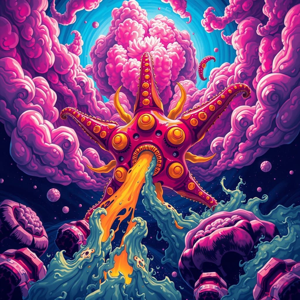 Cosmic Starfish in Psychedelic Cyberpunk Style