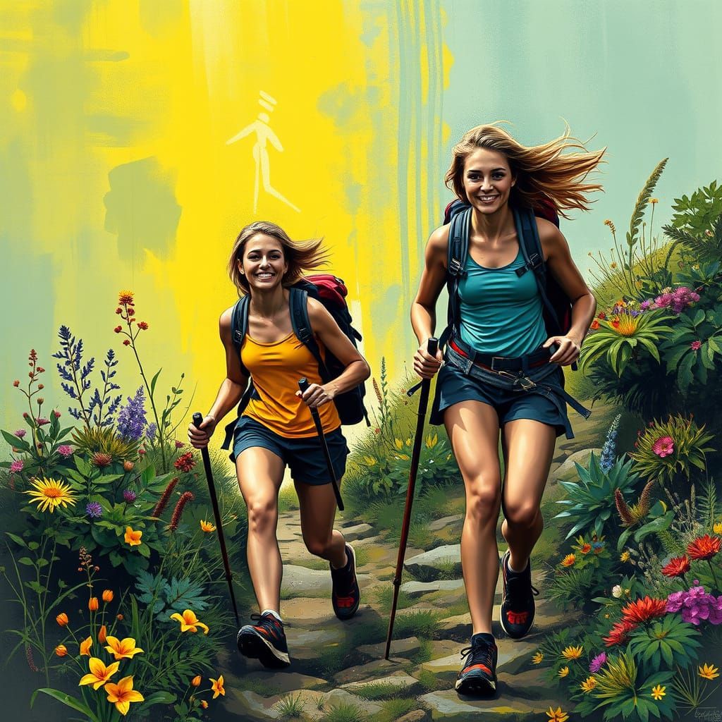 Women Trekking a Mountain Path in Graffiti Art Style