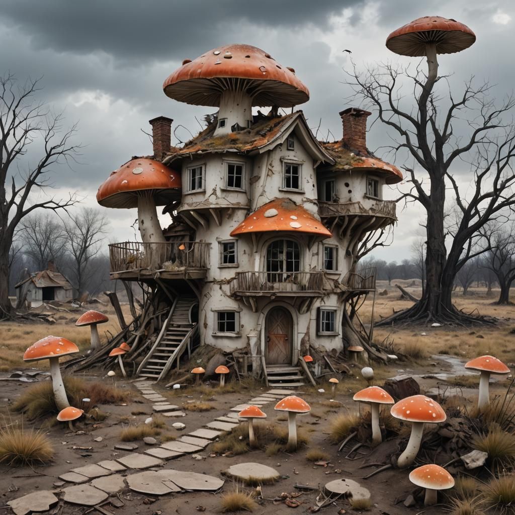 Decayed Mushroom House in Wasteland: Fantasy Concept Art