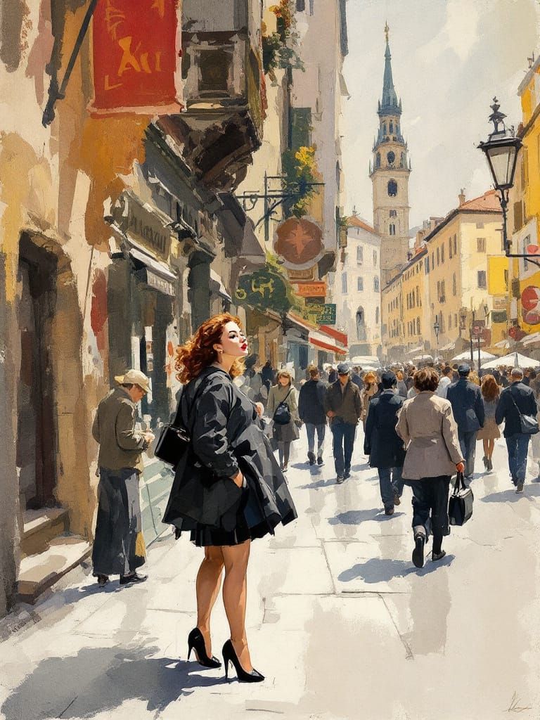 Pin-Up Woman in City: Impressionist & Sumi-e Fusion