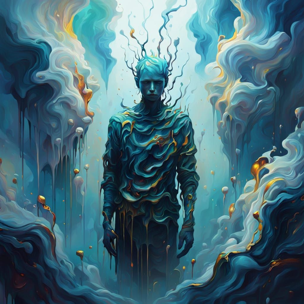Melting Dreamlike Figure in Surreal Oil Painting