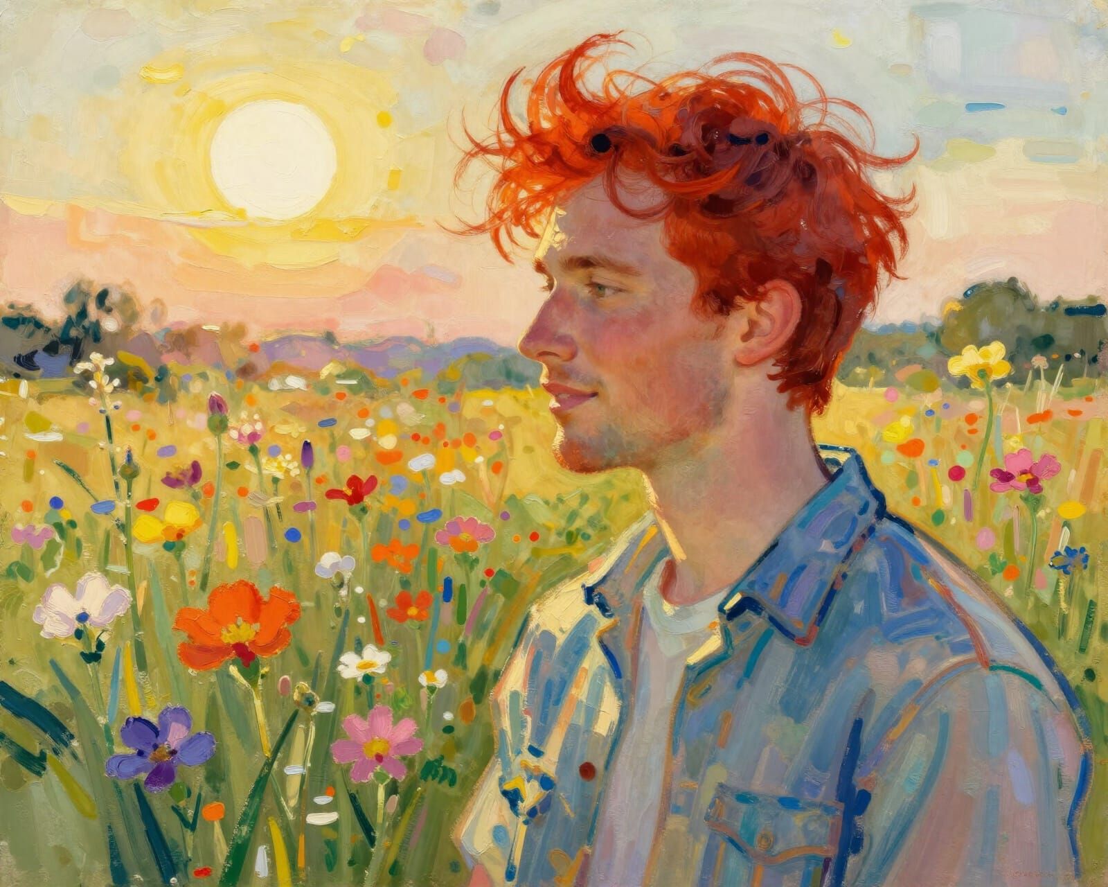Post-Impressionist Portrait of Man in Wildflower Field