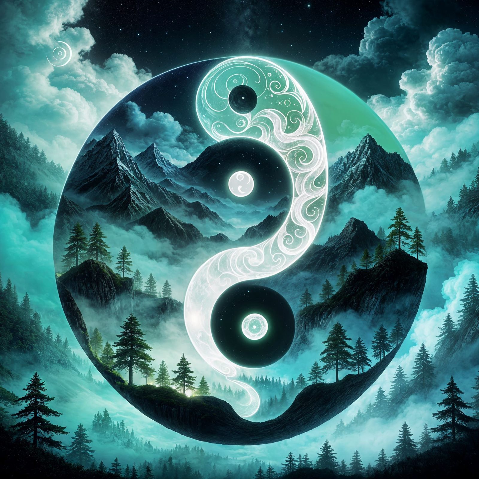 Mystical Yin Yang Symbol with Forest and Night Sky