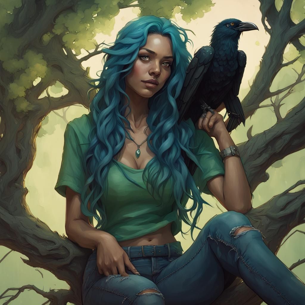 Girl with Raven in Tree, Digital Art