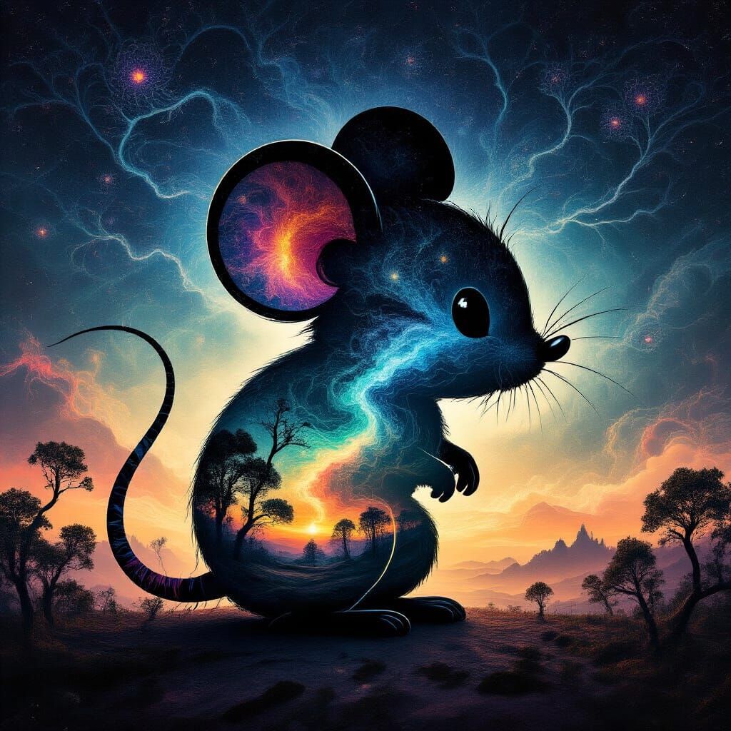 Chibi Mouse Silhouette Filled with Cosmic Night Sky Art