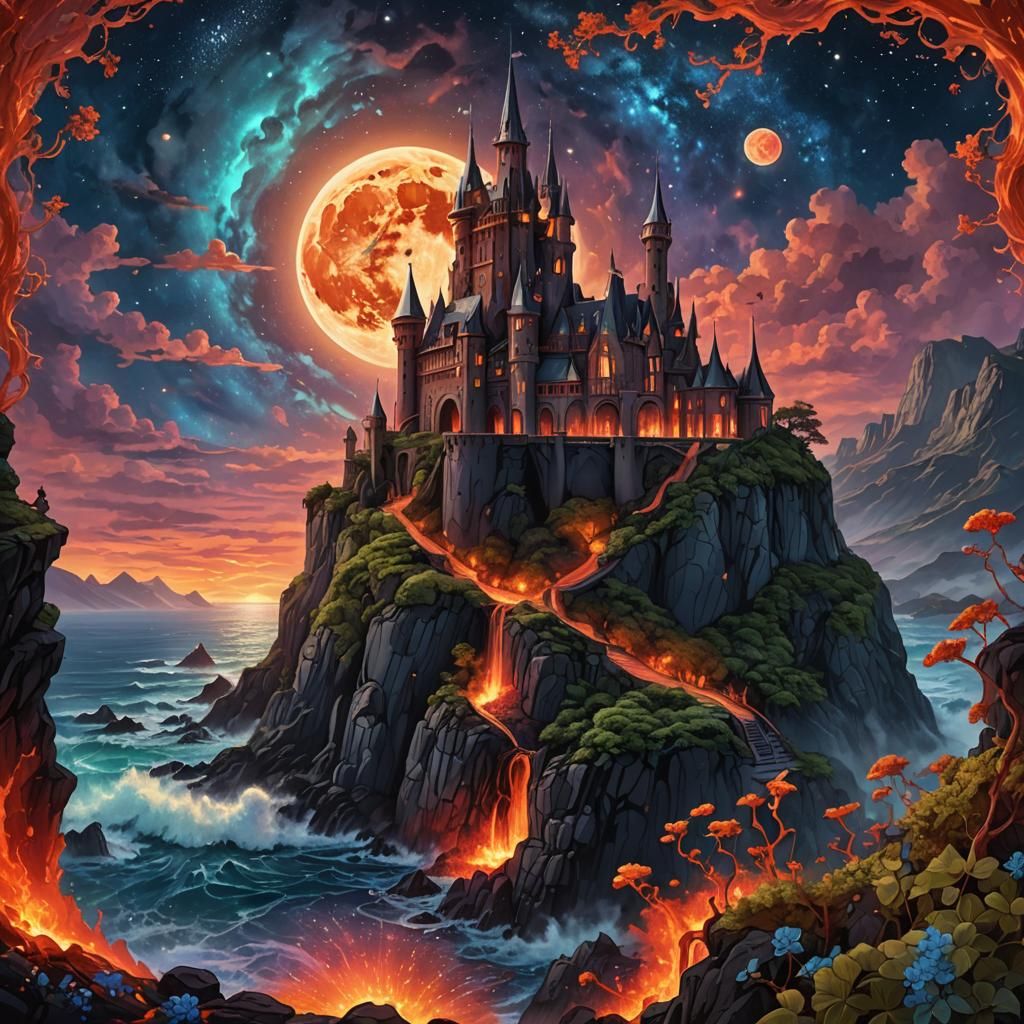 Art Nouveau Castle Over Lava Ocean Under Galaxy