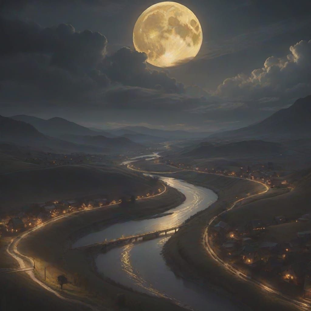 Golden Harvest Moon Over Winding River
