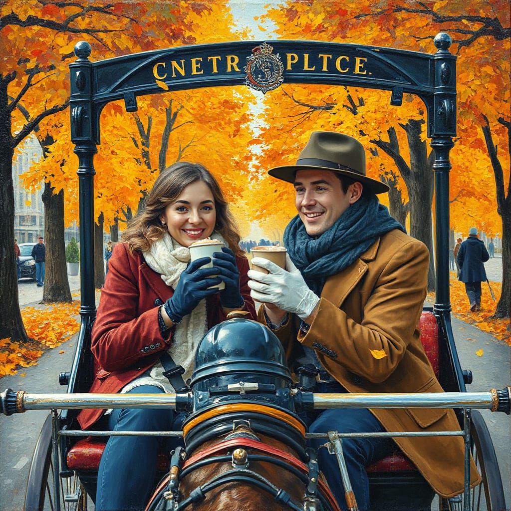 Autumn in Manhattan: Couple in Carriage, Impasto Painting