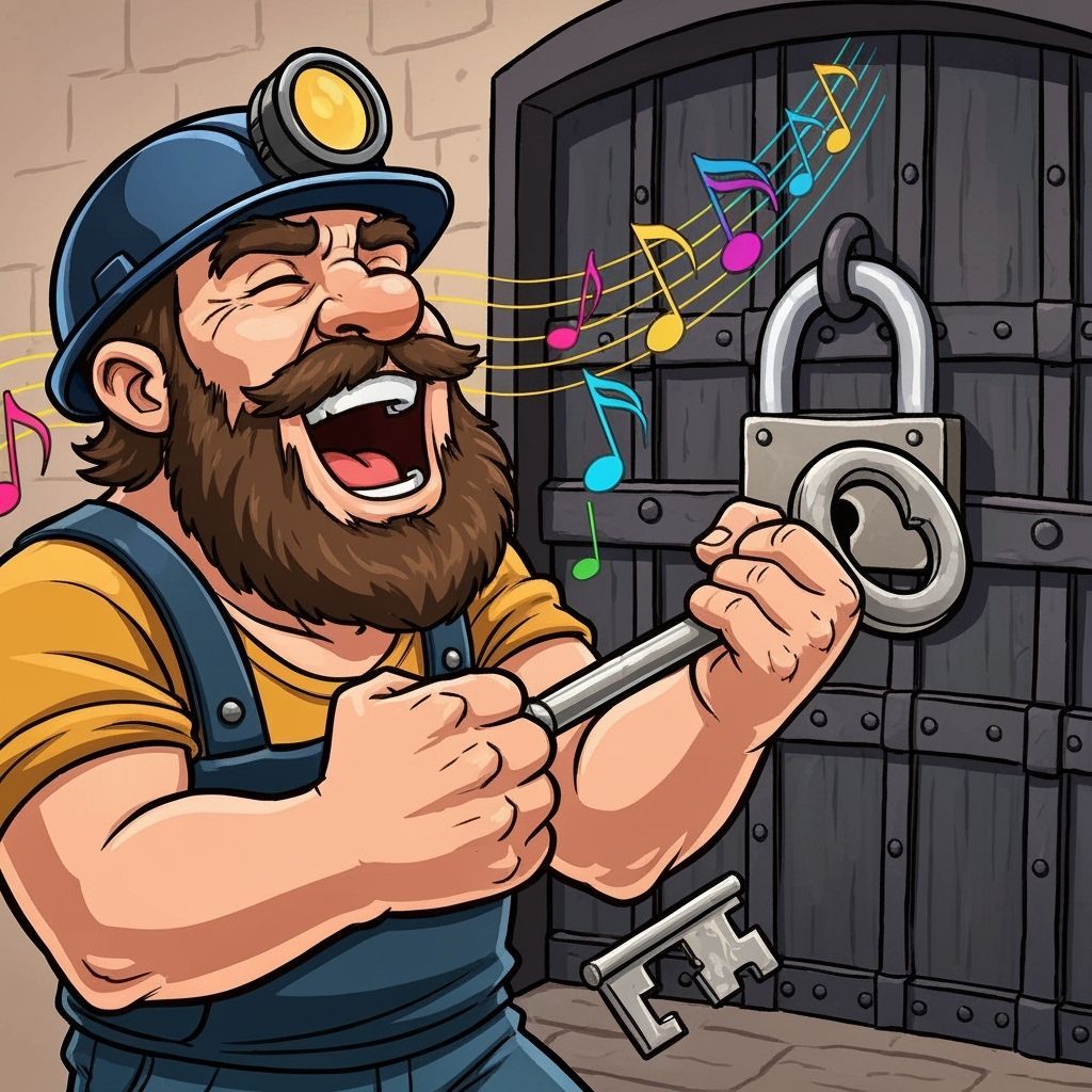 Cartoon Miner Singing with Key to Mystery Door