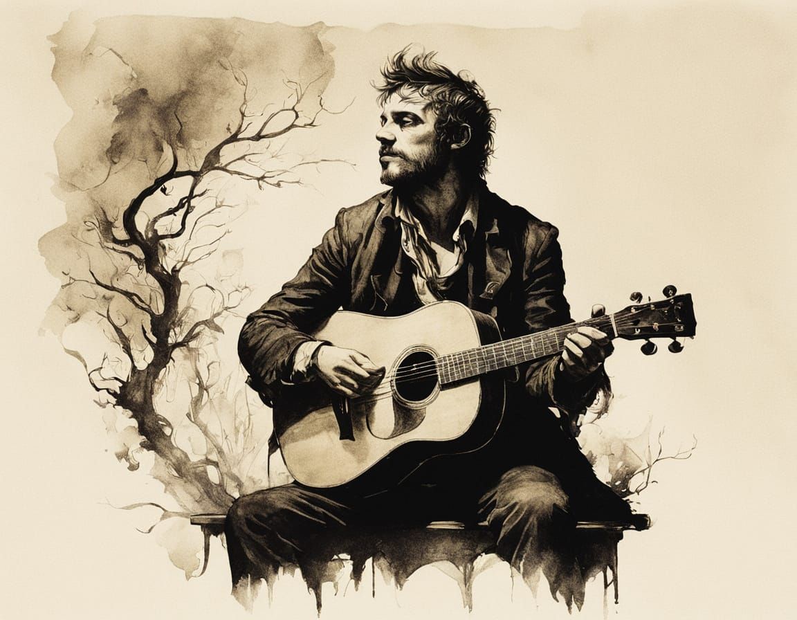 Bard in a Dark, Dreamy Tavern Scene, Ink on Silk