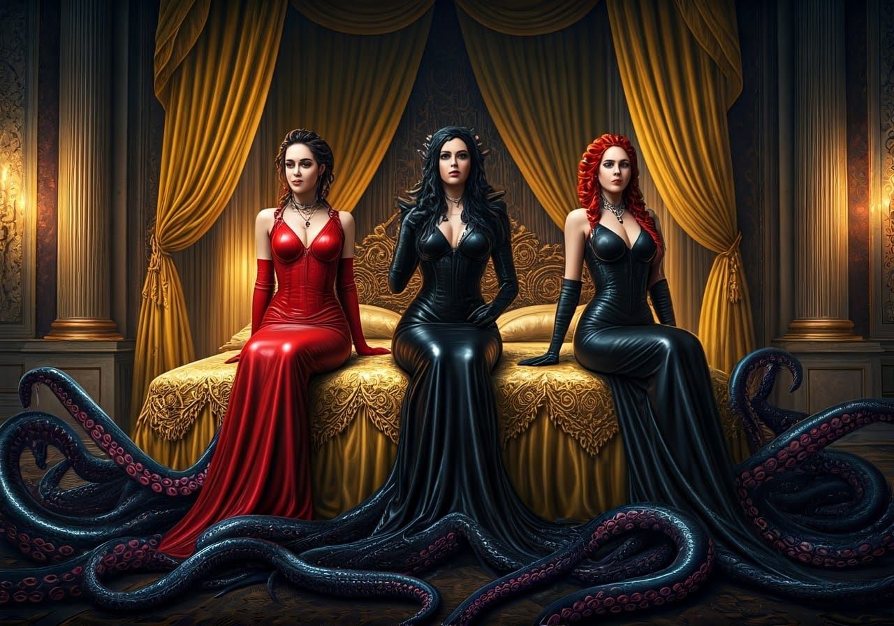 Three Women Pose on Lavishly Adorned Bed with Tentacles