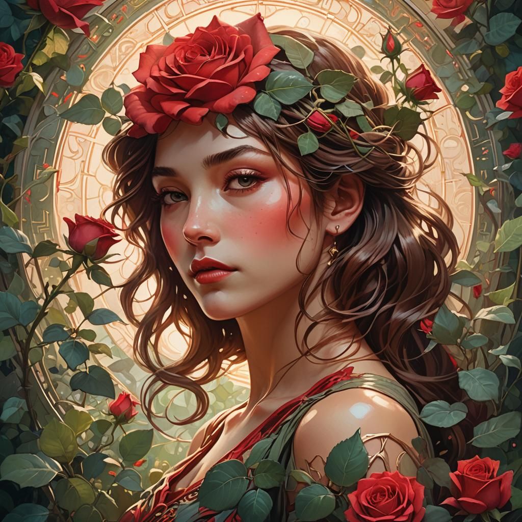 Red Rose Blooms in Enchanted Garden: Concept Art