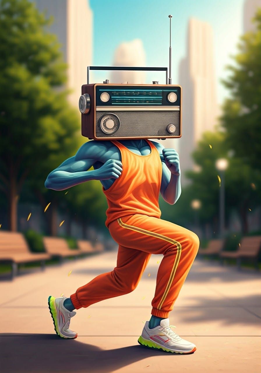 Retro-Futuristic Radio Athlete in Motion