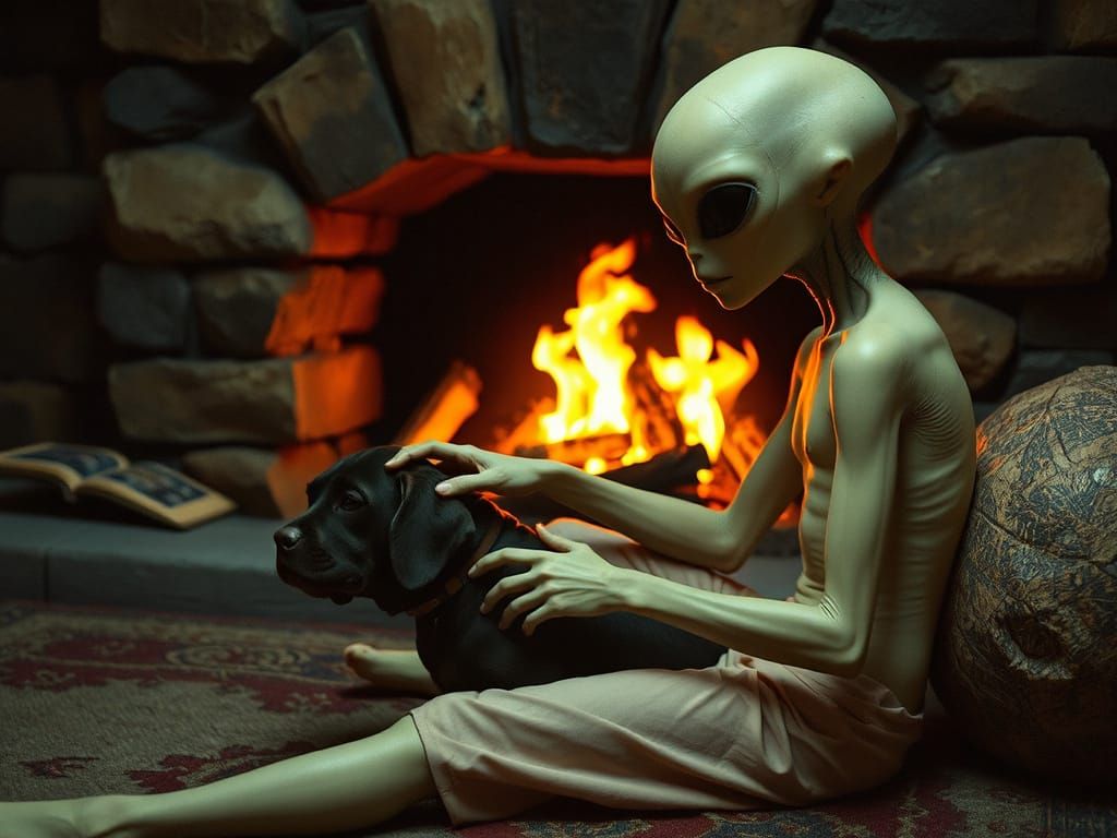 Alien Tenderly Cares for Human Companion in Surreal Fireplac...