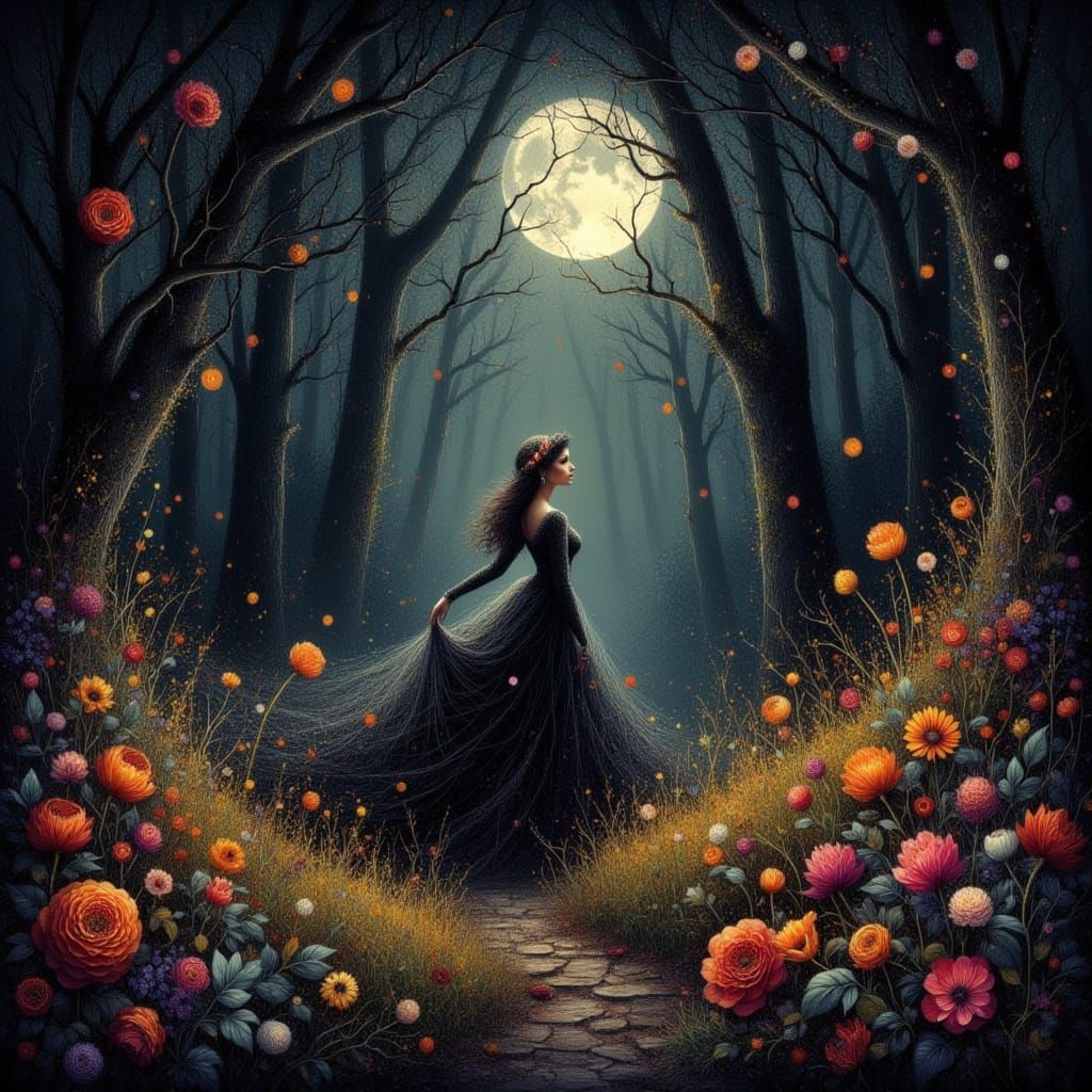 Mysterious Haunted Forest at Night as Scratch Art