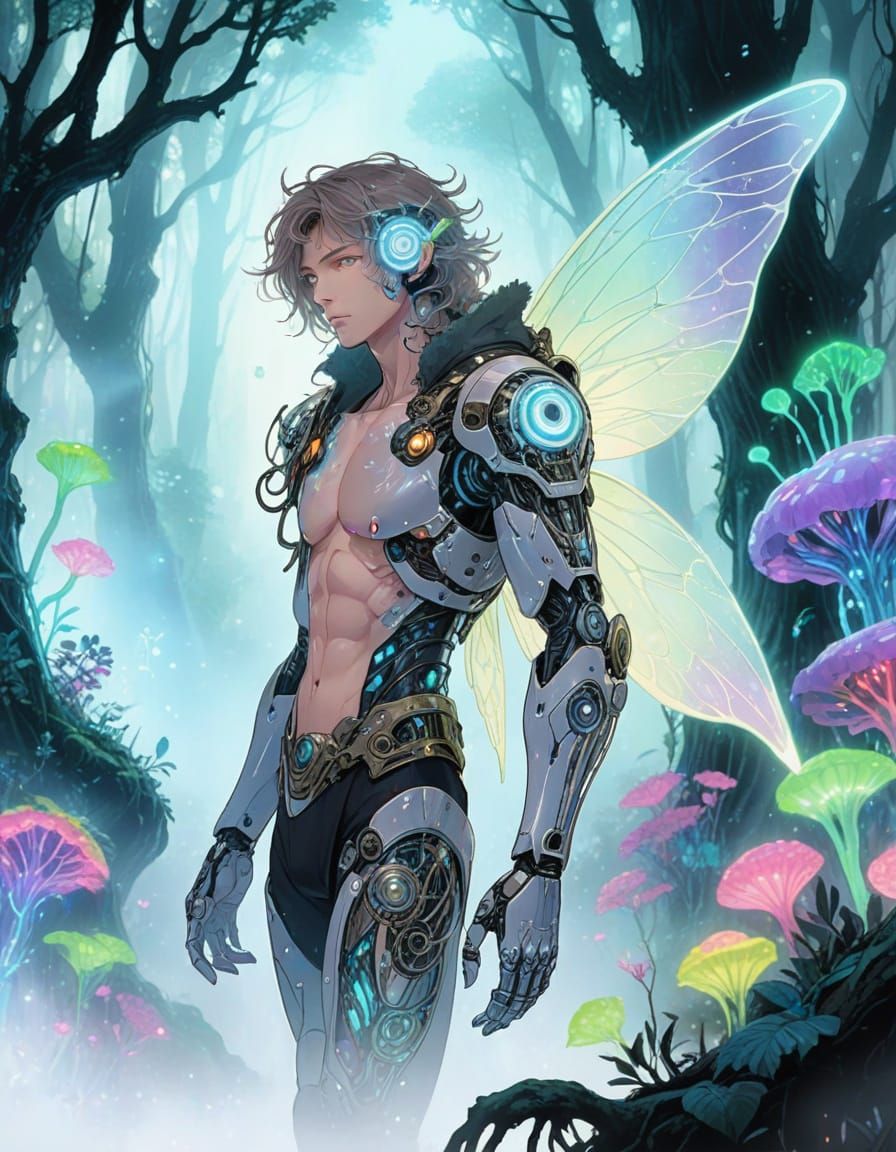 Cyborg Fairy in Bioluminescent Forest, Anime Comic Style