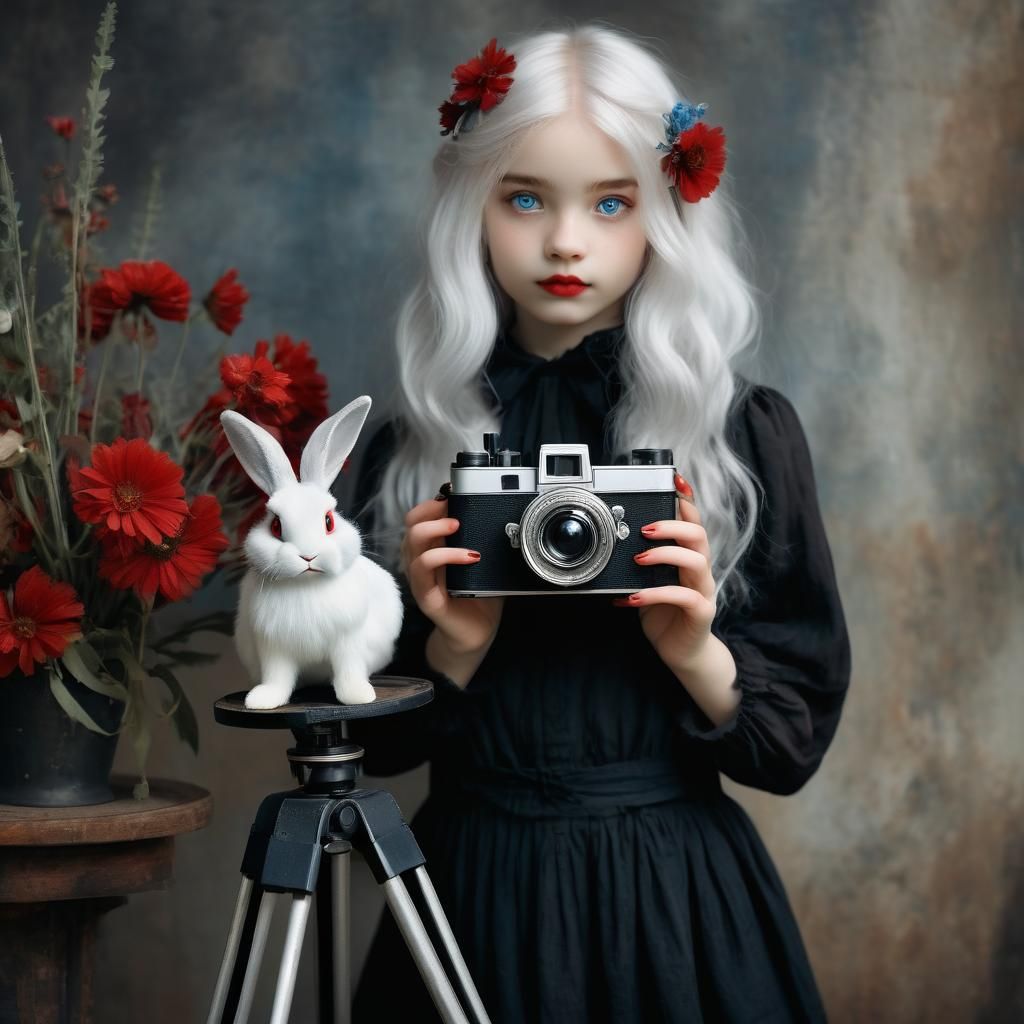 Girl with Camera and Toy Rabbit