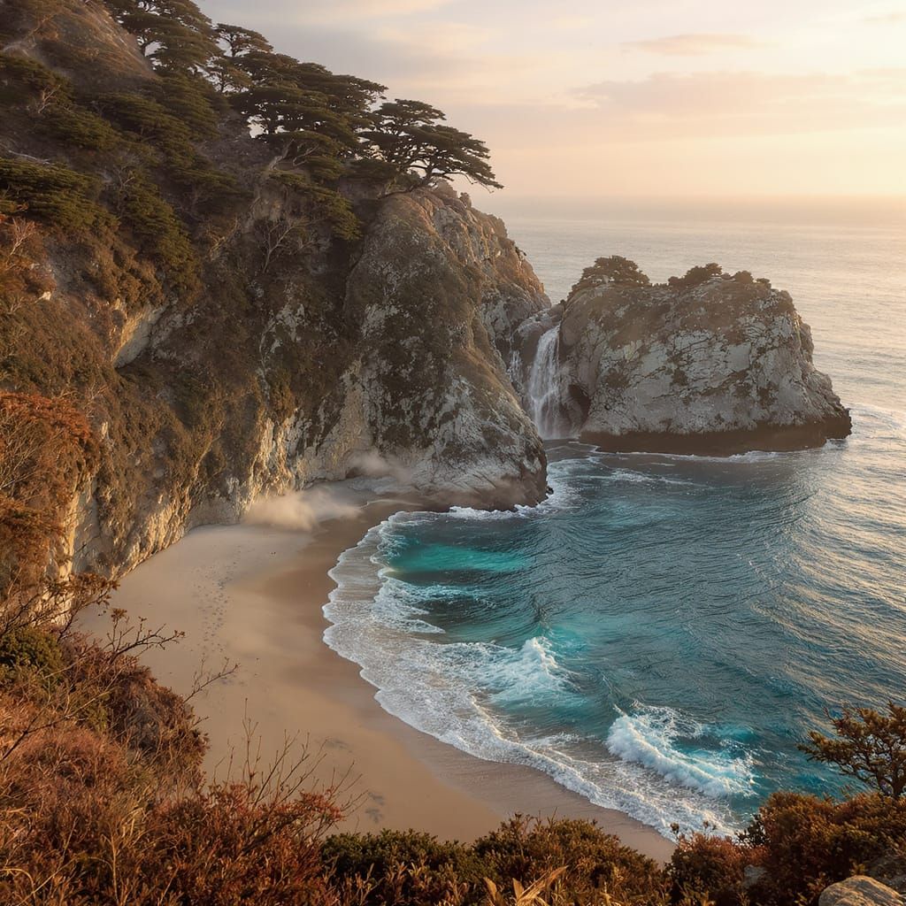 Hyperrealistic, coastal scene,  McWay Falls, Big Sur, Califo...