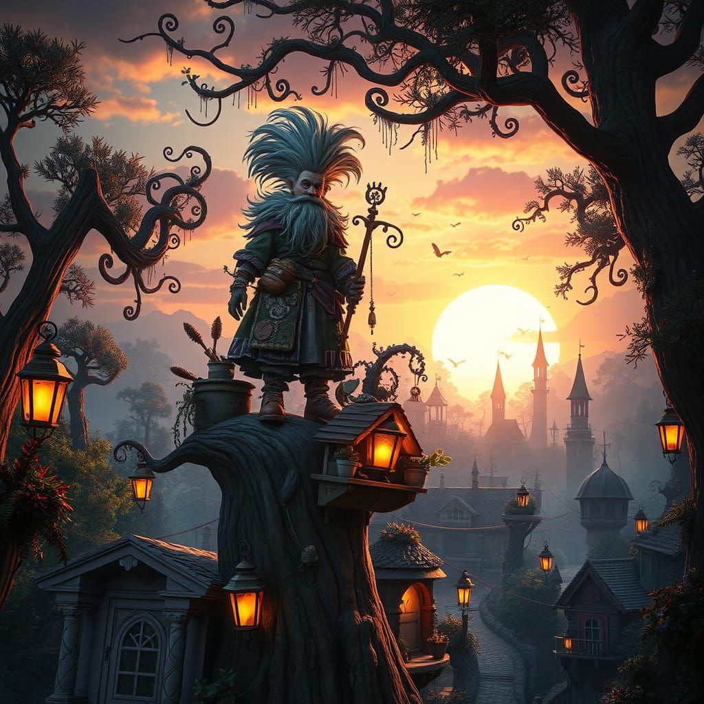 Whimsical Shopkeeper Amidst Enchanted Forest