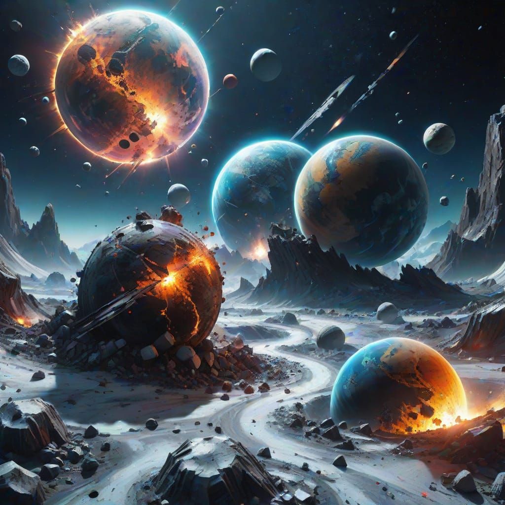 Planetary Collision in Deep Space: Splash Art Style