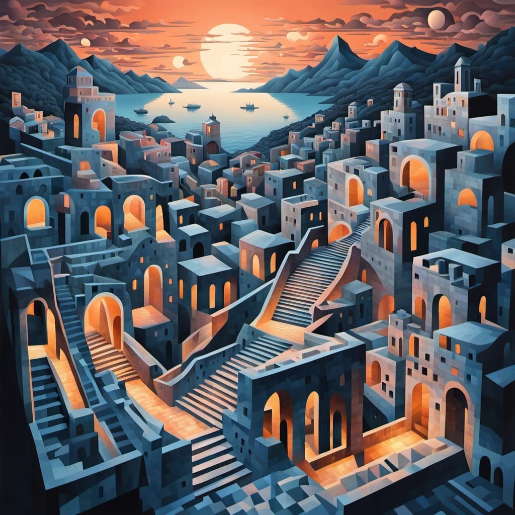 Escher-Inspired Surreal Landscape with Impossible Geometry