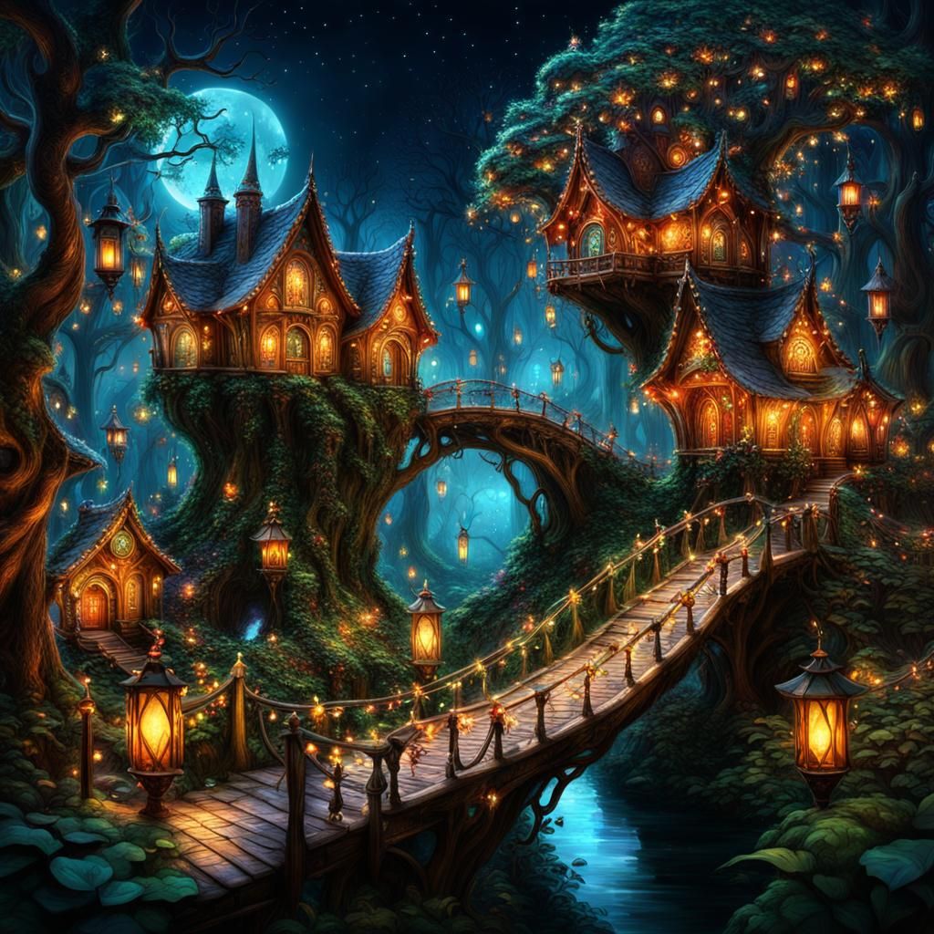 Enchanted Elven City in Magical Woodland at Night