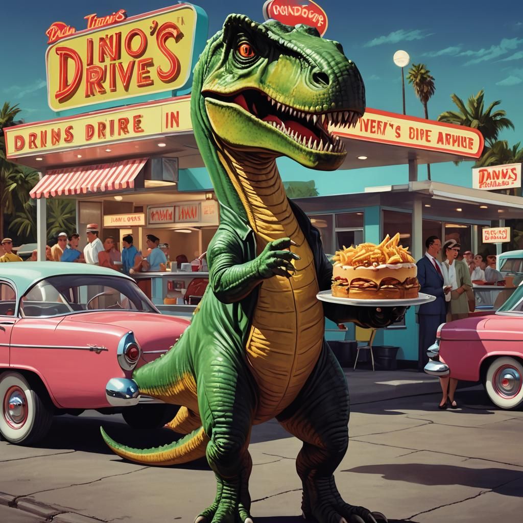 A Happy T-Rex Serves Up a Meal in a Quirky 1950s Diner