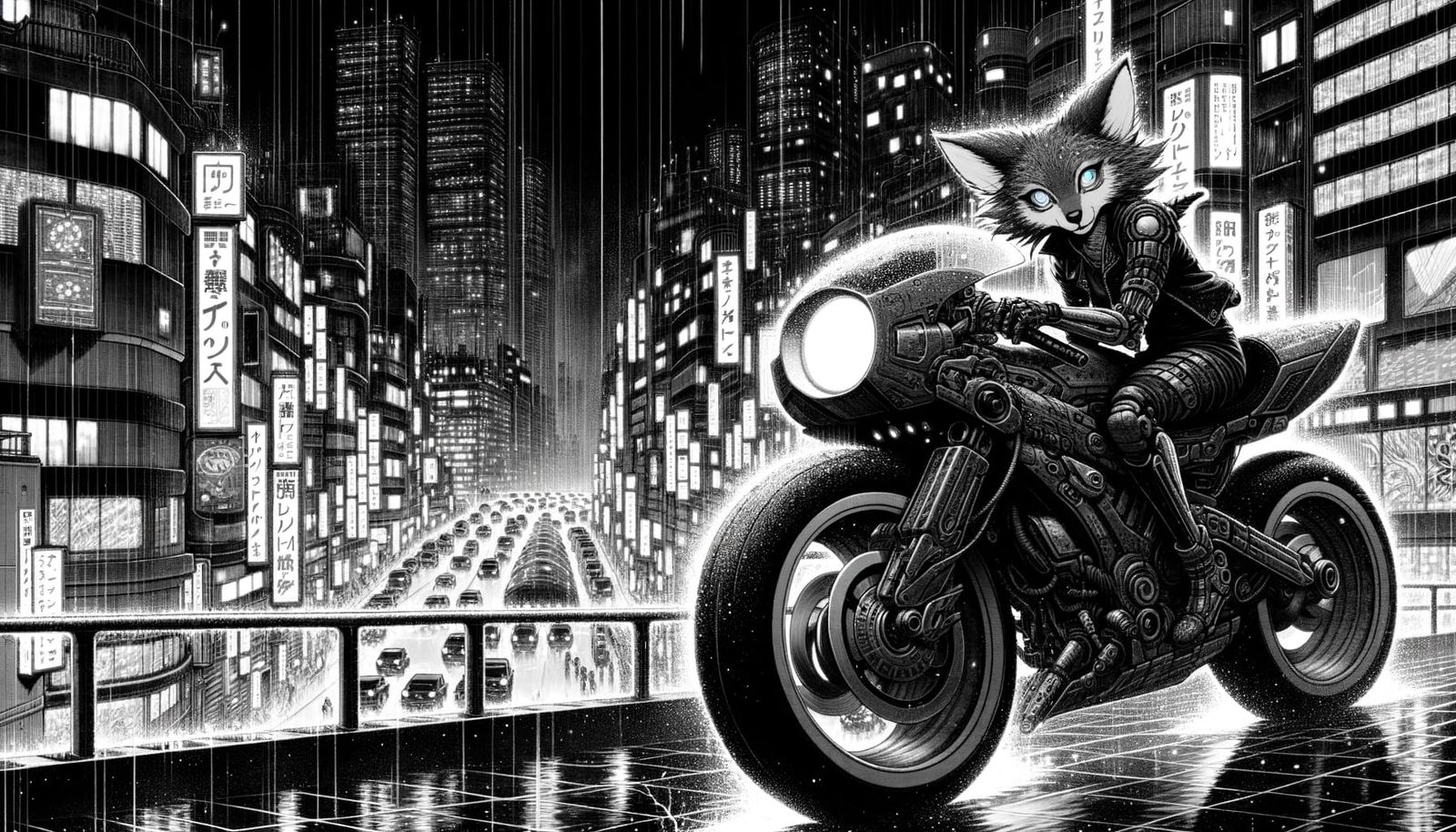 Wolf Girl on Cyberpunk Bike in Rainy City