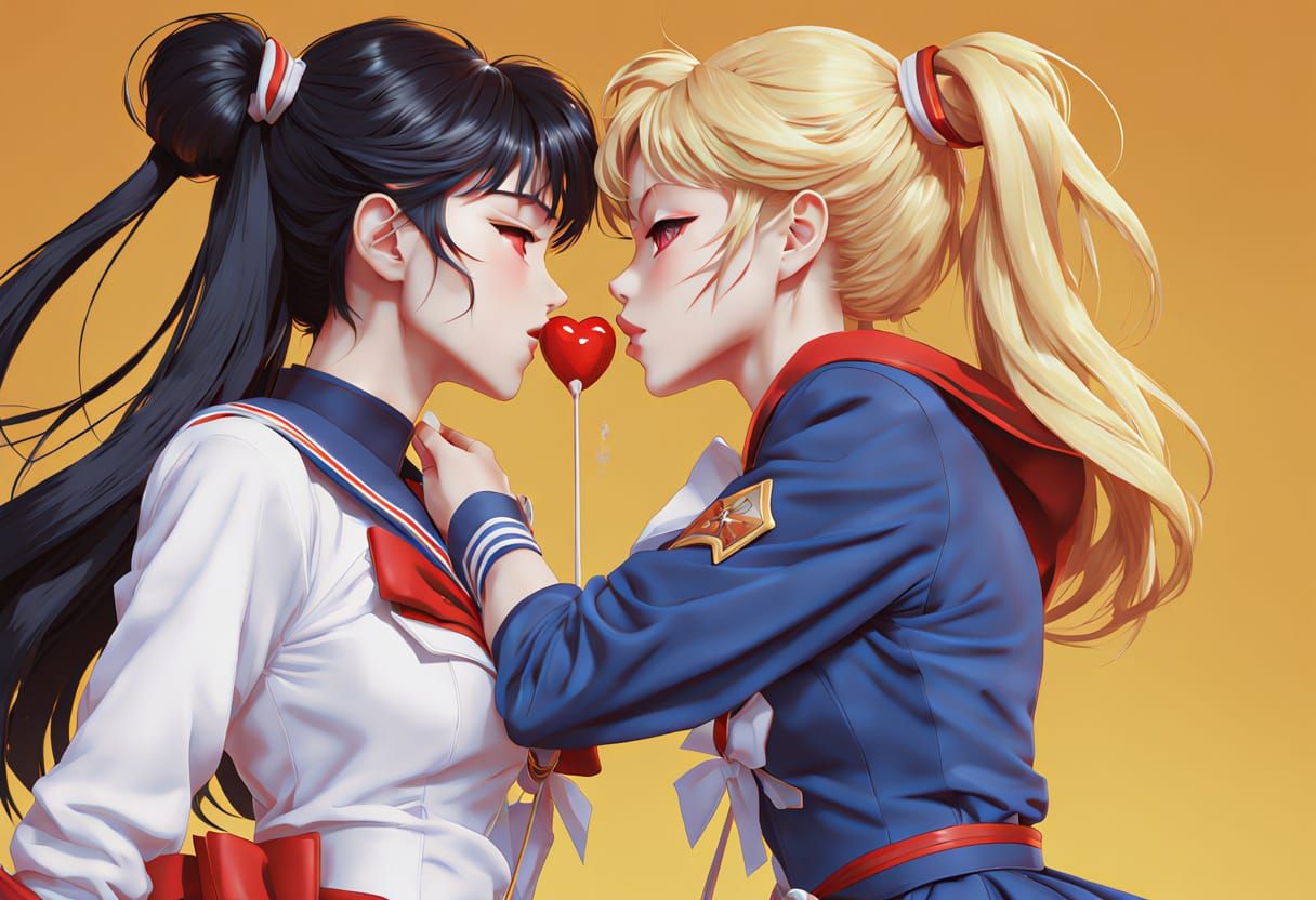 Passionate Lesbian Kiss in Anime Key Visual Style