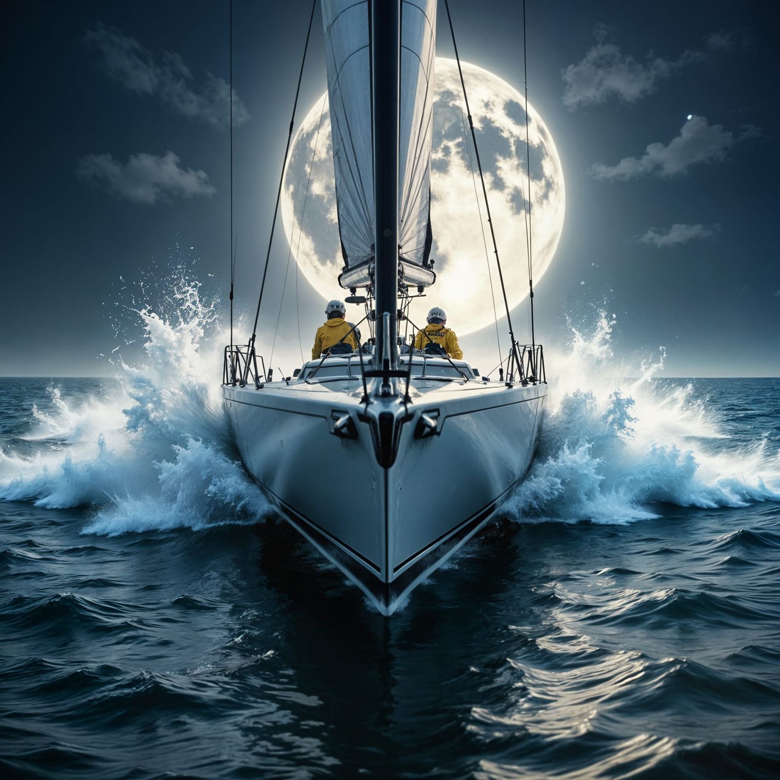 Americas Cup Yacht Crashing Through Waves Under Full Moon