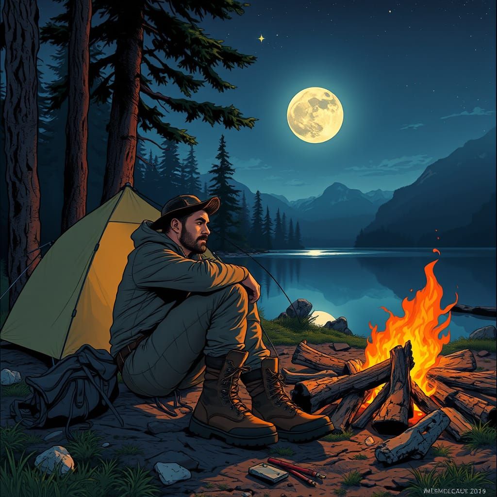 Contemplative Hiker by Campfire in Comic Book Style