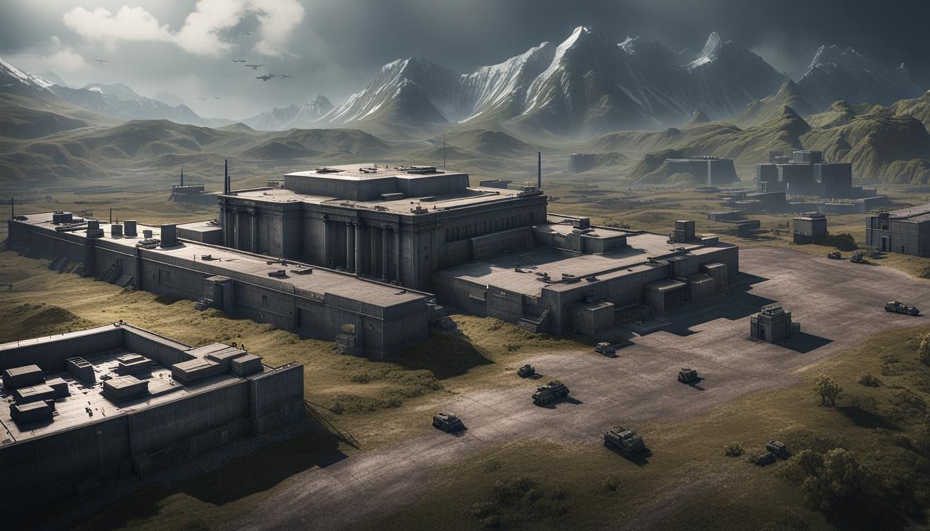 Sinister Military Base Landscape in 3D Cinematic Style