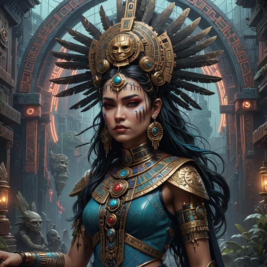 Cyberpunk Aztec Goddess of Mischief: Dark Fantasy Art