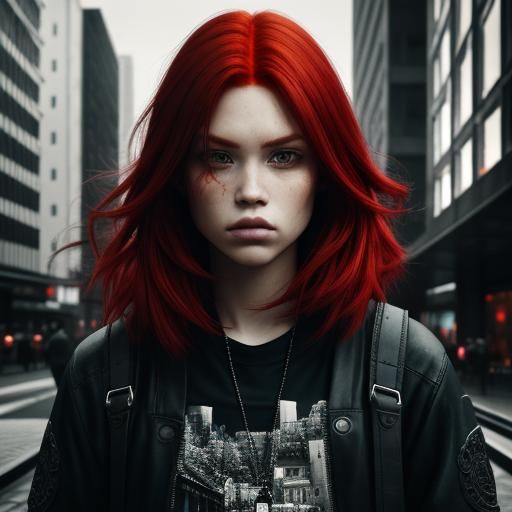Crimson-Haired Child in Urban Setting: Hyperrealistic Portra...