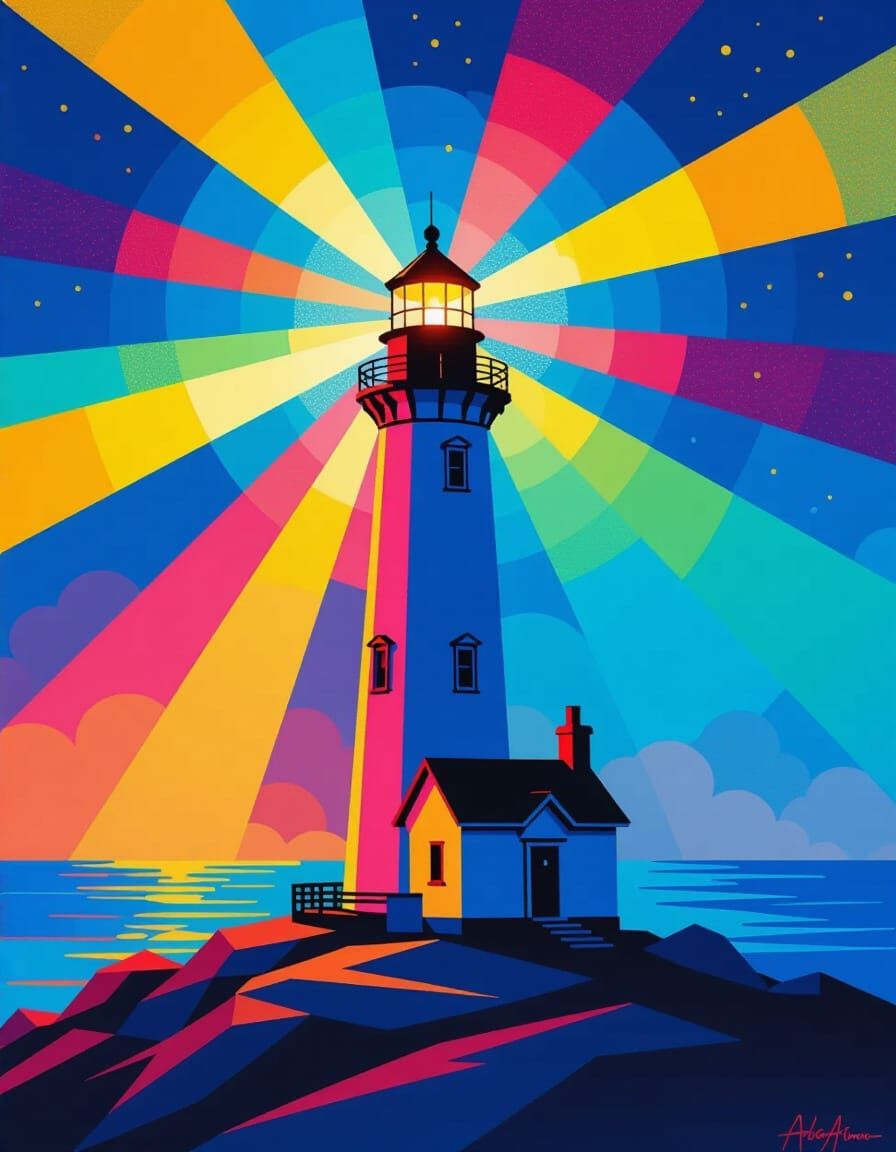 A psychedelic look of a neon lighthouse at night